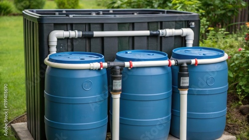 Medium closeup of a rainwater harvesting system featuring collection barrels with pipes leading to a filtration unit emphasizing sustainable water use. photo