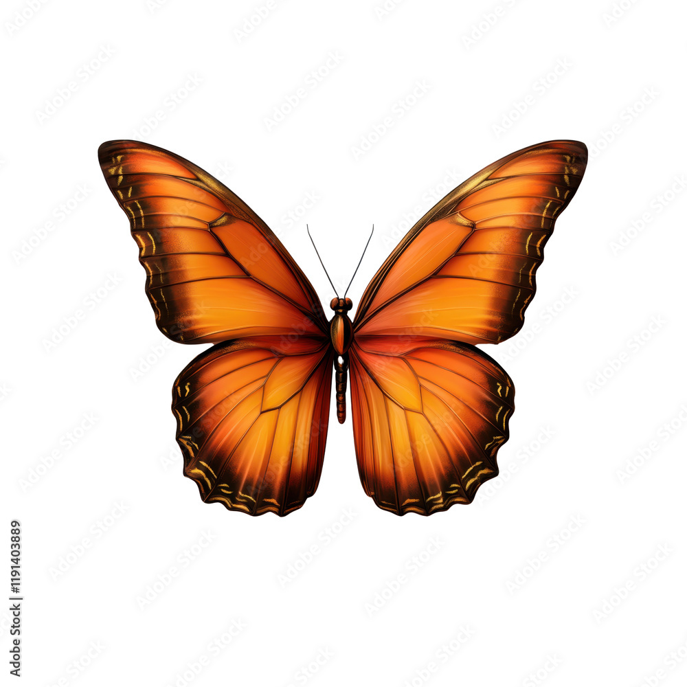 Obraz premium 3D illustration of a butterfly in bright orange, highlighting detailed wing patterns and textures. Portray a colorful and natural insect in a vibrant style. Isolated on transparent background, png.
