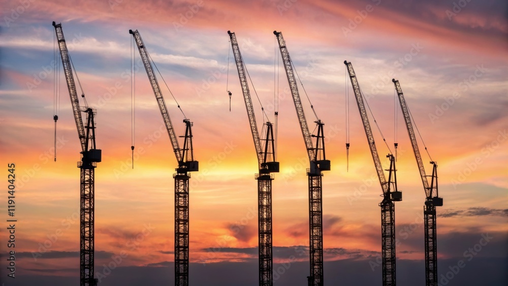 Medium closeup of cranes against the sky during sunset their silhouettes conveying the idea of reaching new heights and the relentless pursuit of advancement. Medium closeup of cranes against the sky during sunset their silhouettes conveying the idea of reaching new heights and the relentless pursuit of advancement.