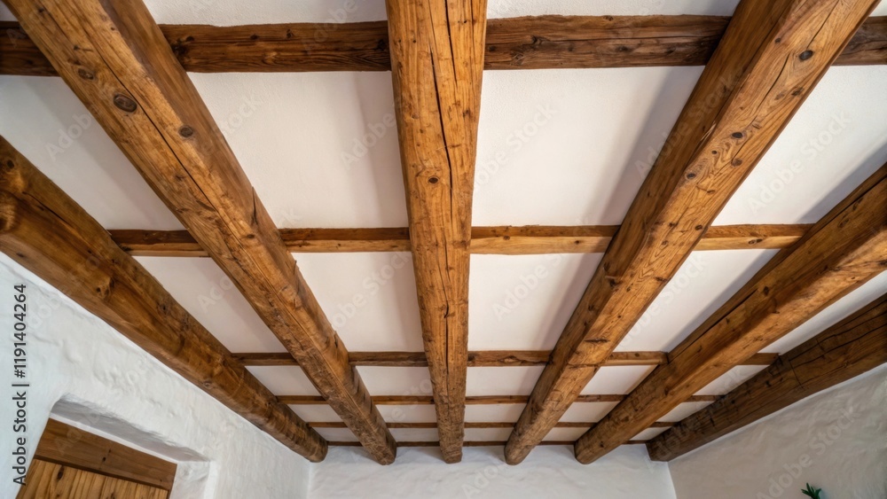 Obraz premium Medium closeup of exposed wooden beams overhead their rich texture and knots standing out in contrast to the stark white of unpainted drywall highlighting the tension between