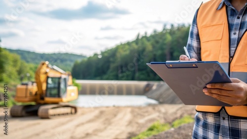 Medium closeup of environmental impact assessments being conducted with a clipboard in hand and machinery in the background showcasing the balance between development and nature in photo