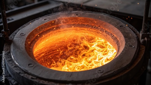 Medium closeup of the intense heat radiating from a crucible the molten metal bubbling and swirling as it reflects the fiery glow of the furnace in the background.