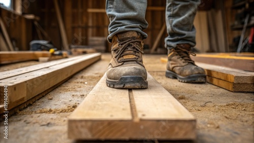 Medium closeup of the workers boots firmly planted on the ground providing stability as they press down on the lumber illustrating the physicality of the task. photo