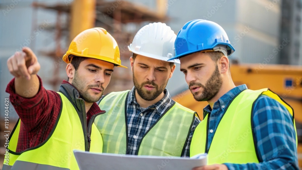 Medium closeup of three workers huddled together discussing the best lifting strategy Medium closeup of three workers huddled together discussing the best lifting strategy