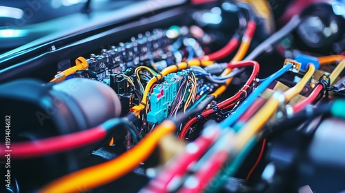 Vehicle's colorful wiring harness, complex engine bay.