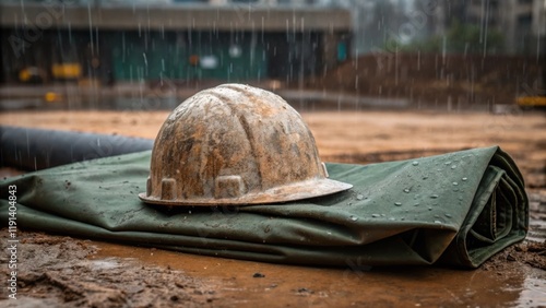 Medium closeup showing a weatherbeaten helmet resting on top of a partially rolled tarp with heavy rain drenching the site in the background. photo