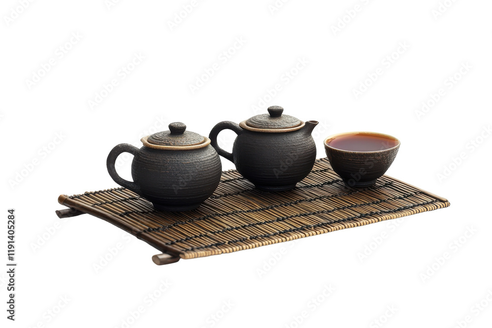Two traditional tea pots and a cup on a bamboo mat set for an afternoon tea ceremony Two traditional tea pots and a cup on a bamboo mat set for an afternoon tea ceremony