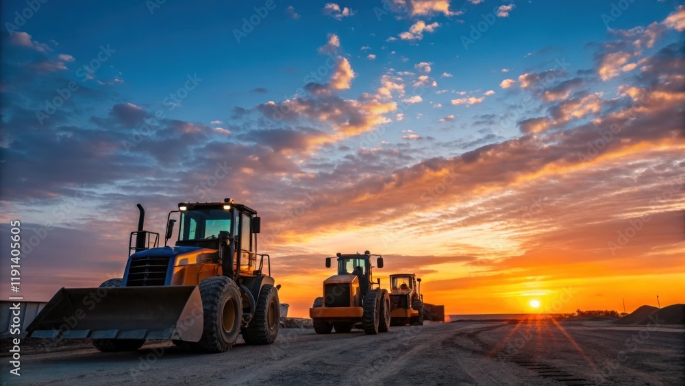 Sunrise Over the Site A medium closeup of heavy machinery parked at the site freshly highlighted by the first rays of sun breaking over the horizon. Colors shift from deep blues to Sunrise Over the Site A medium closeup of heavy machinery parked at the site freshly highlighted by the first rays of sun breaking over the horizon. Colors shift from deep blues to