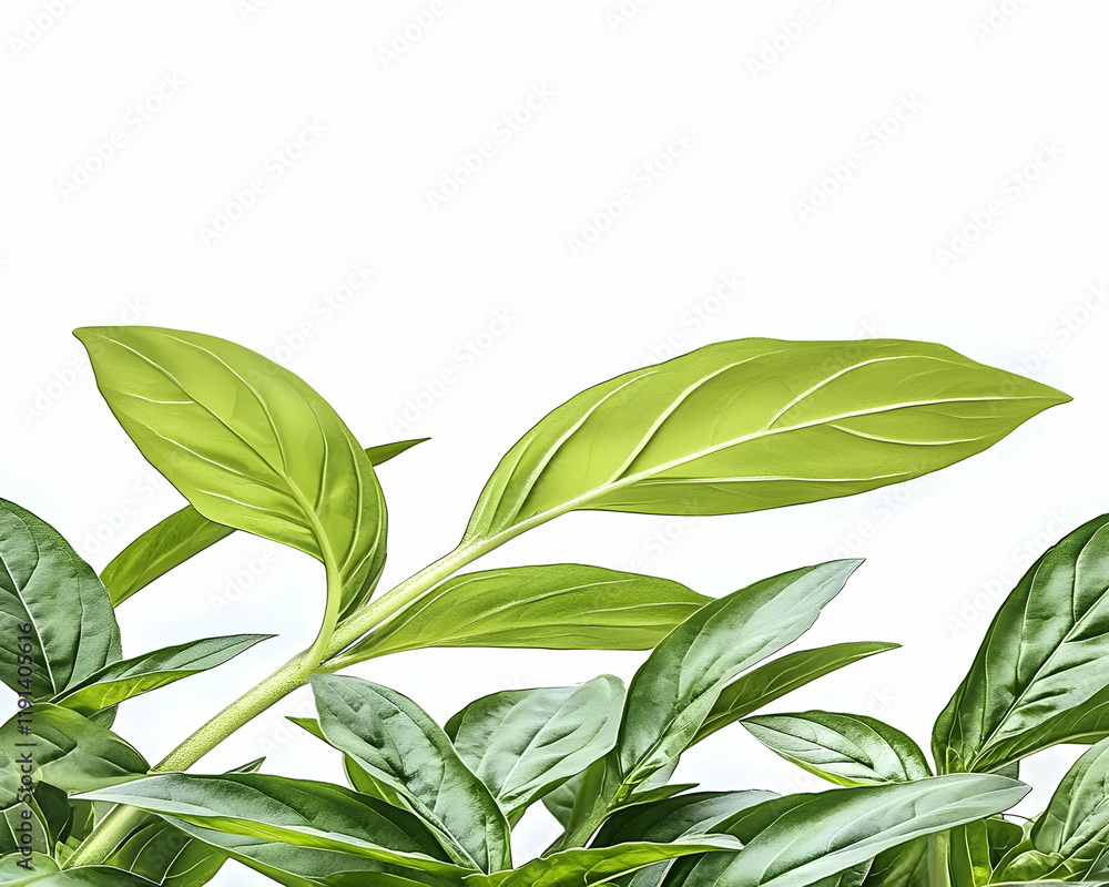 Lush green leaves against white background; perfect for nature, spring, or growth themes Lush green leaves against white background; perfect for nature, spring, or growth themes