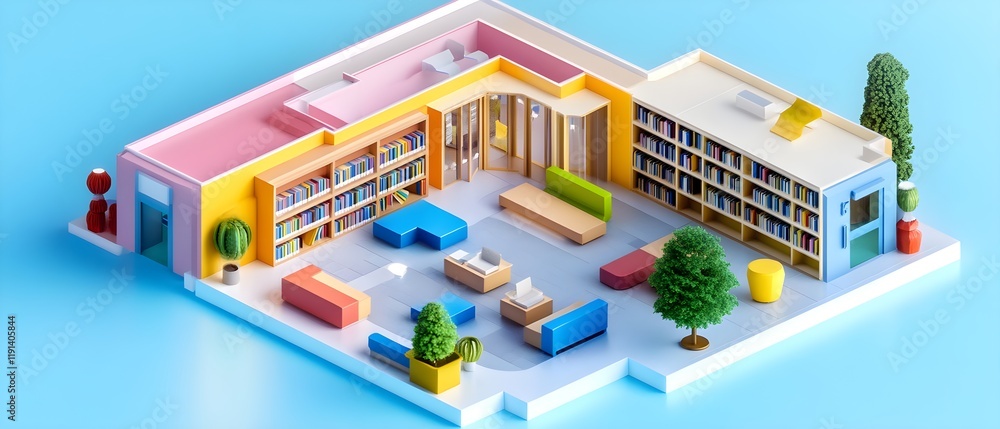 Fototapeta premium Modern Colorful Library Interior Design with Bookshelves and Seating Areas