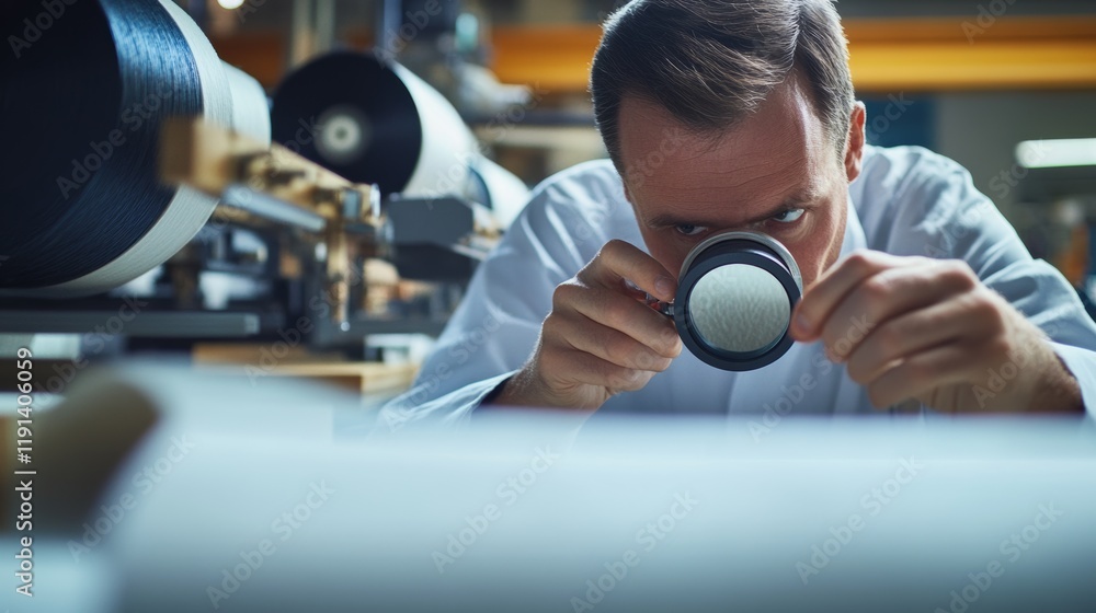 A close-up of a quality control inspector in a textile factory examining fabric samples under magnification, with textile rolls and weaving machines in the background, Textile quality control scene A close-up of a quality control inspector in a textile factory examining fabric samples under magnification, with textile rolls and weaving machines in the background, Textile quality control scene