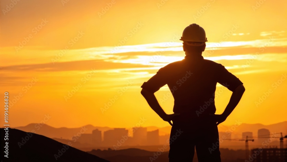 The side view of a worker silhouetted against the brilliant orange horizon their stance conveying resilience as the sun signifies hope amidst the challenges that lie ahead. The side view of a worker silhouetted against the brilliant orange horizon their stance conveying resilience as the sun signifies hope amidst the challenges that lie ahead.
