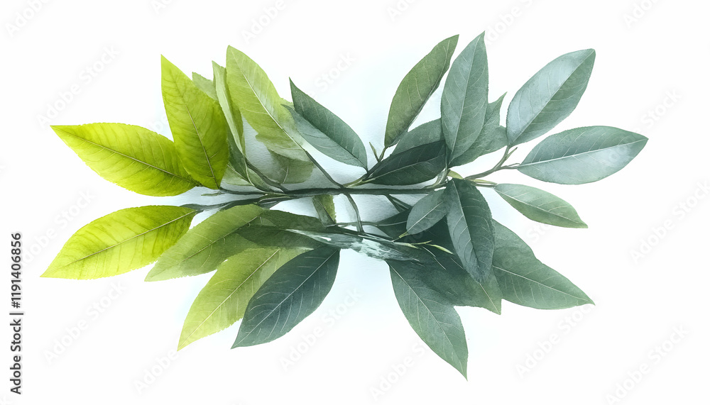 Lush green leaves arranged symmetrically on white background; nature, growth, ecology concept; ideal for website banners, print designs