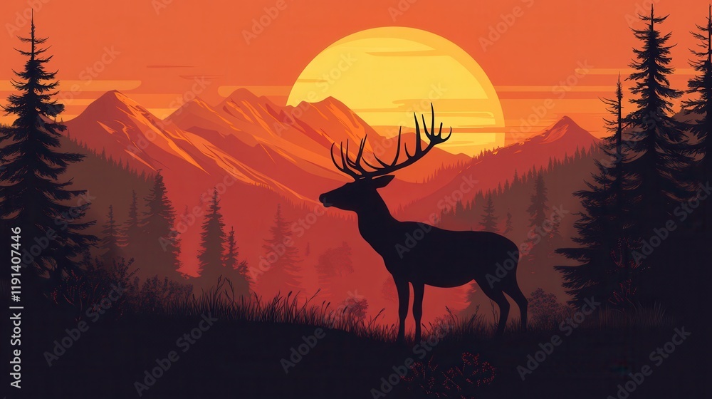 Majestic Deer Silhouette at Sunset Mountain Landscape Majestic Deer Silhouette at Sunset Mountain Landscape