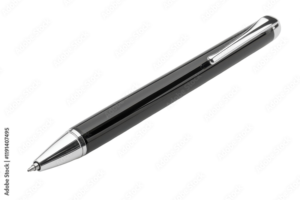Sleek black pen lying on a white surface, perfect for writing notes or signing documents in any professional setting Sleek black pen lying on a white surface, perfect for writing notes or signing documents in any professional setting