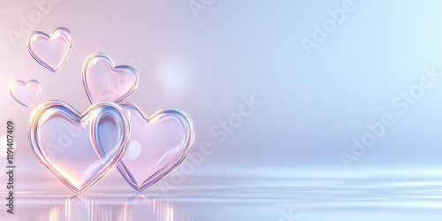 Valentines Day background. Transparent Glass Hearts Reflecting Soft Pink And Blue Light On Glossy Surface. Dreamy Abstract Scene Perfect For Weddings, Love Cards, And Invitations. AI generated