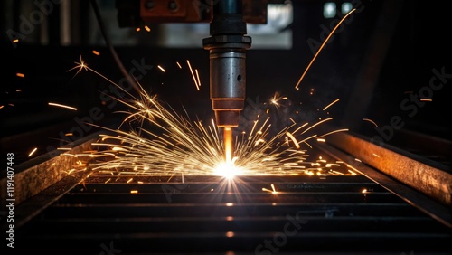 Weld Sparks A closeup capturing the moment of a welding torch igniting with brilliant sparks flying outward. The surrounding dark shadows amplify the intensity of the light
