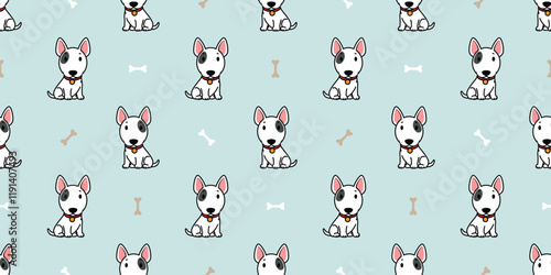 Cute bull terrier dog sitting with bone cartoon seamless pattern, vector illustration
