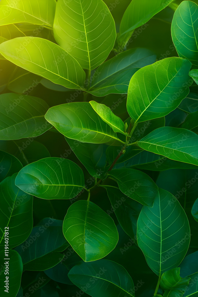 Lush green leaves bathed in sunlight, creating a vibrant natural backdrop perfect for nature-themed designs Lush green leaves bathed in sunlight, creating a vibrant natural backdrop perfect for nature-themed designs