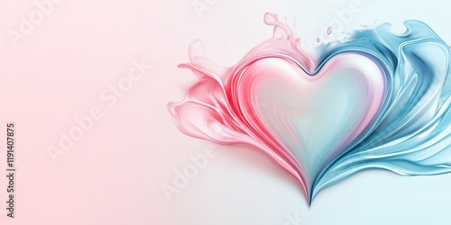 Valentines Day background. Fluid Pink And Blue Heart With Splashing Wavy Textures On Pastel Backdrop. Artistic And Dreamy Design Perfect For Romantic Cards And Wedding Themes. AI generated