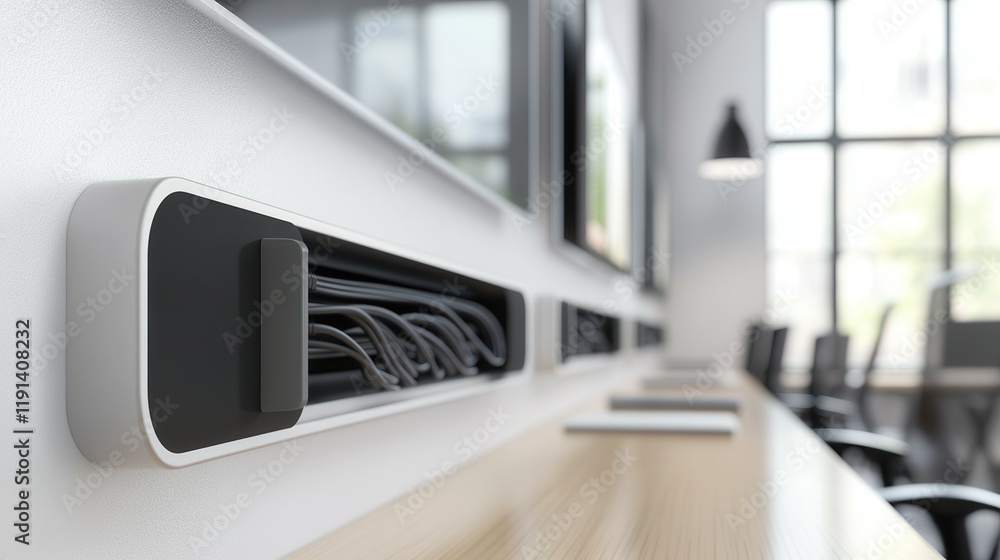 Fototapeta premium Modern office cable management system in a bright conference room.
