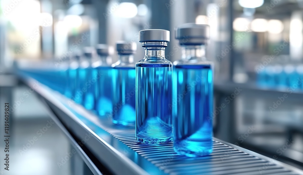 Vials of blue liquid on a conveyor belt in a modern medical factory, an AI technology concept. Vials of blue liquid on a conveyor belt in a modern medical factory, an AI technology concept.