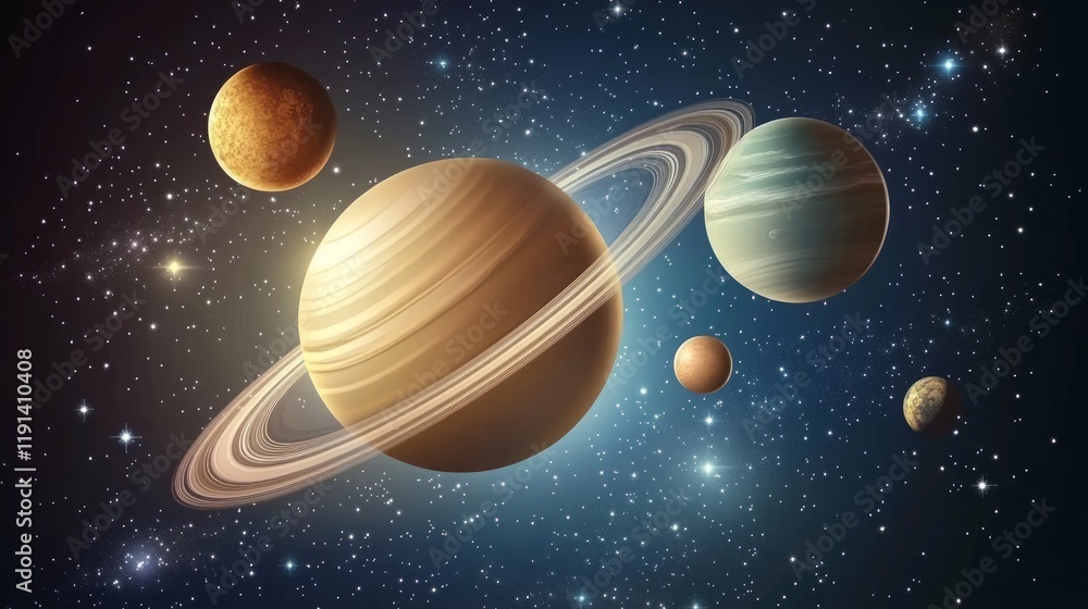 Naklejka premium Saturn, planets, solar system, space, cosmos, stars, background, educational