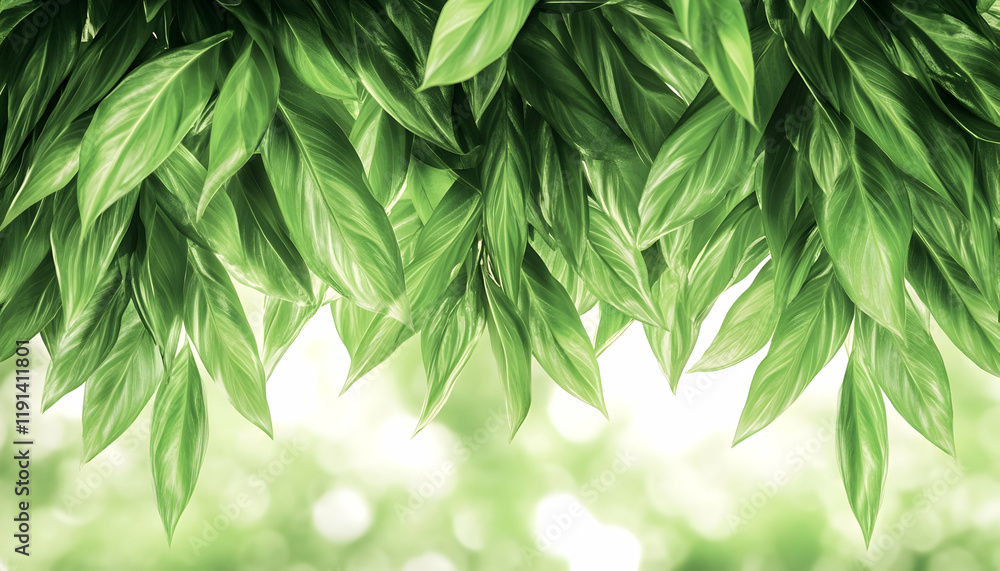 Lush green leaves hanging, blurred bright background, nature backdrop, ideal for eco-friendly designs