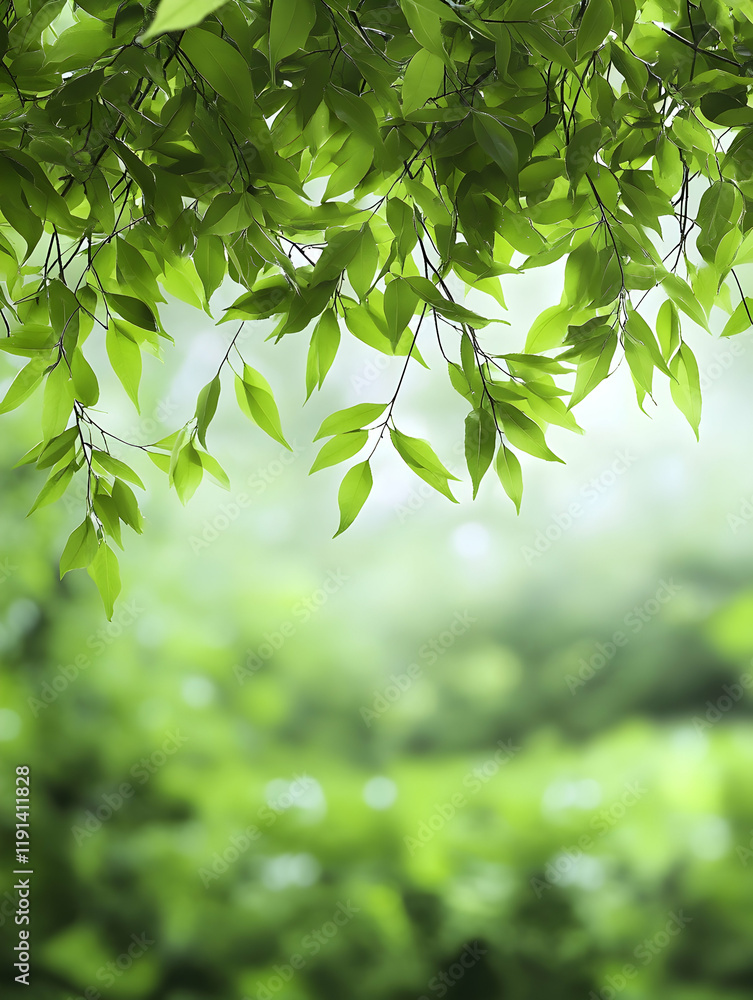 Lush green leaves hanging down, blurred background of a forest, spring or summer nature scene, ideal for nature or environmental themes Lush green leaves hanging down, blurred background of a forest, spring or summer nature scene, ideal for nature or environmental themes