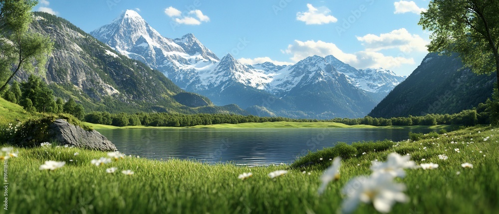 Fototapeta premium Alpine lake, meadow, mountains, sunny day. Nature background