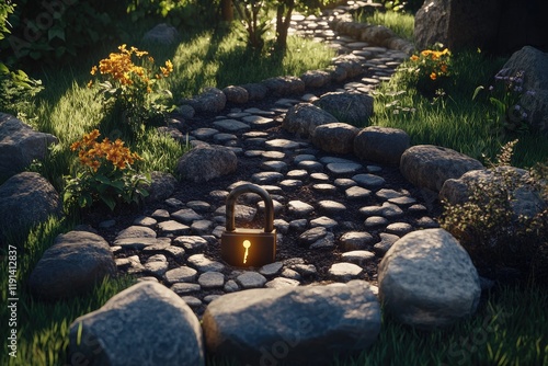 Sunlit Garden Path with Lock - A Serene Outdoor Scene for Security Themes photo