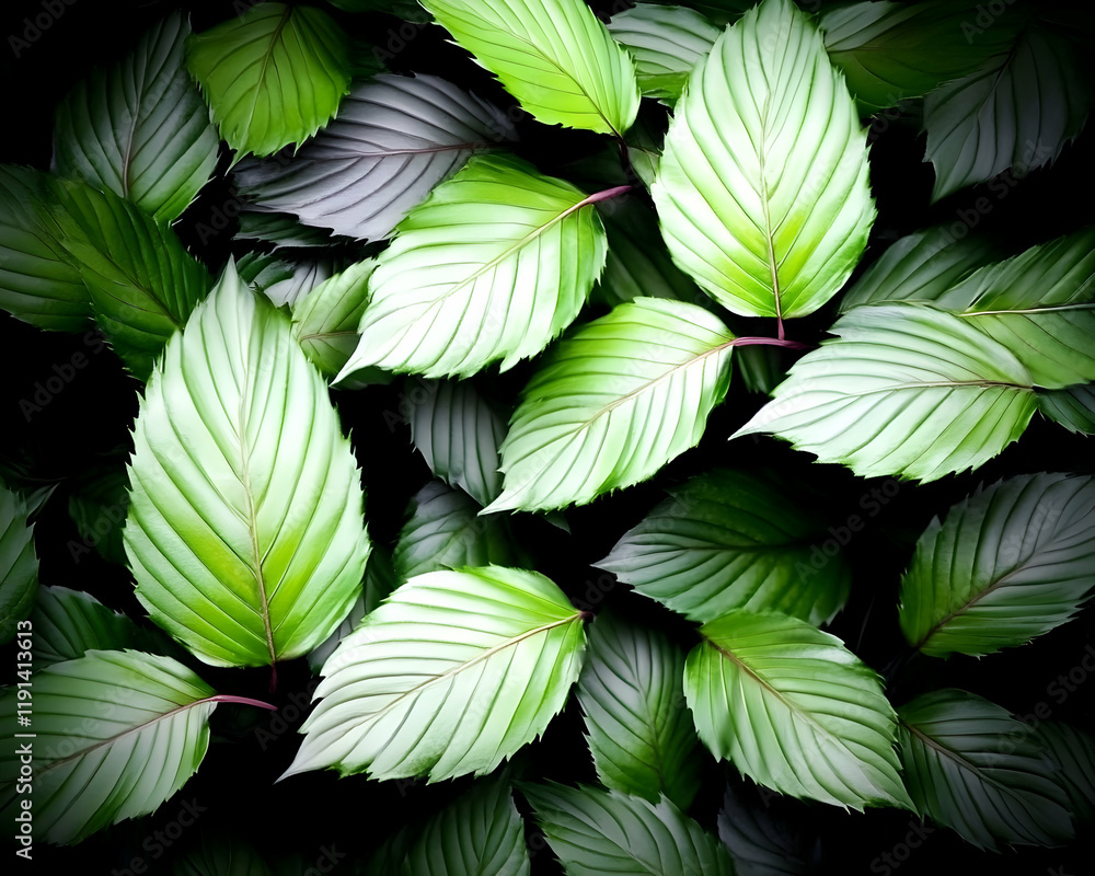 Fototapeta premium Lush green leaves, tropical foliage background, vibrant texture, nature wallpaper, design element