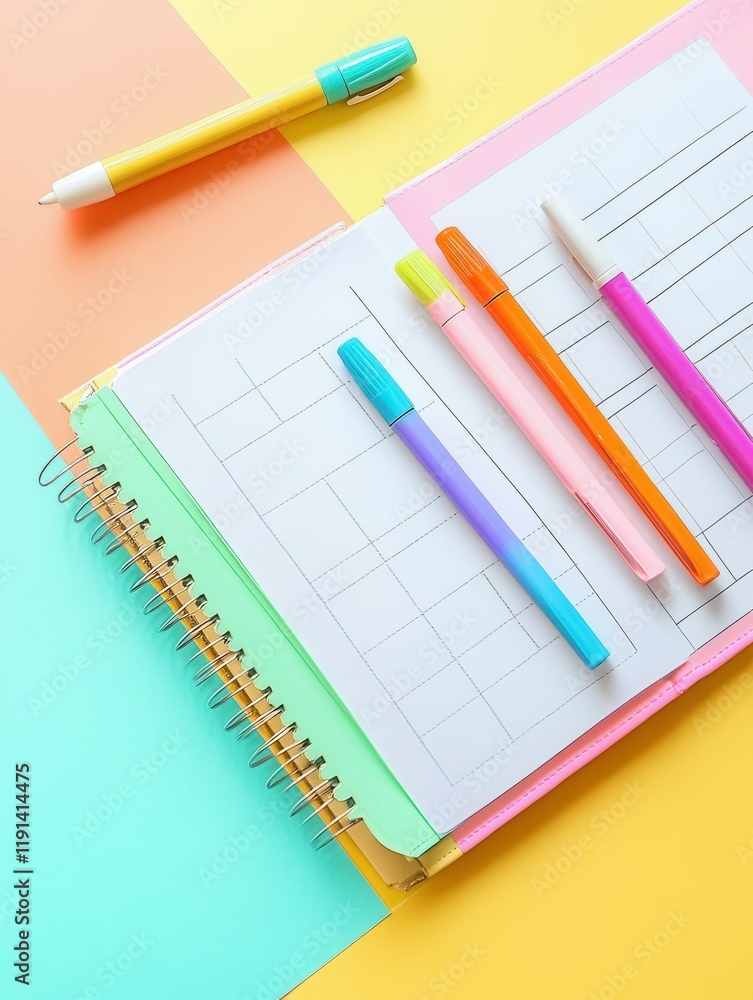 Vibrant weekly planner with colorful pens on a pastel background for organization and creativity. Vibrant weekly planner with colorful pens on a pastel background for organization and creativity.