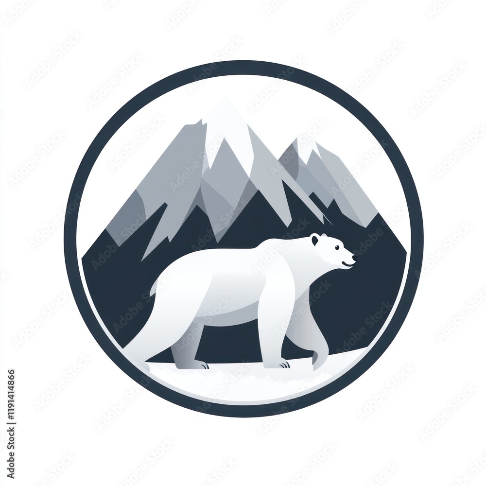 White Polar Bear Walking, Snowy Mountains Background, Emblem White Polar Bear Walking, Snowy Mountains Background, Emblem