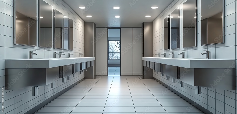Obraz premium Modern public toilet cubicles feature stainless steel accents, white walls, and gray tiles on the floor.