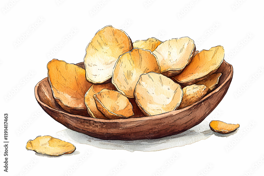 Hand-drawn illustration of crispy snacks in a wooden bowl on white background Hand-drawn illustration of crispy snacks in a wooden bowl on white background