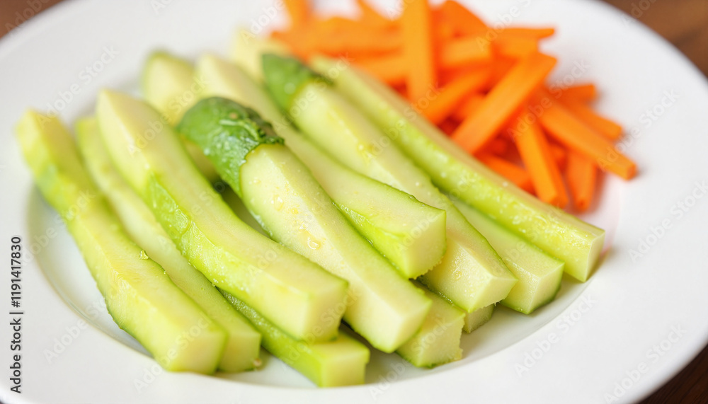 Fresh cucumber sticks and carrot strips on a plate Fresh cucumber sticks and carrot strips on a plate