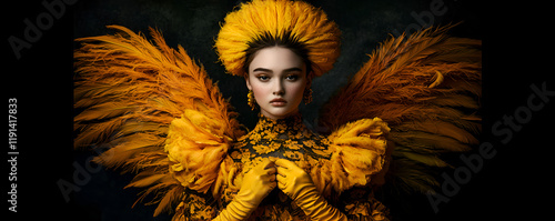Elegant Yellow Angel in High-Fashion Feather Dress with Dramatic Wings