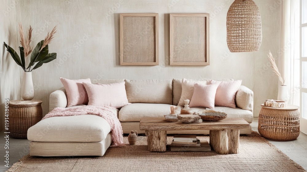 Obraz premium Coastal living room, sectional sofa, beige, pink pillows, natural decor