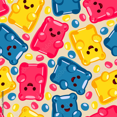 Vector seamless pattern with bright gummy bears on light background