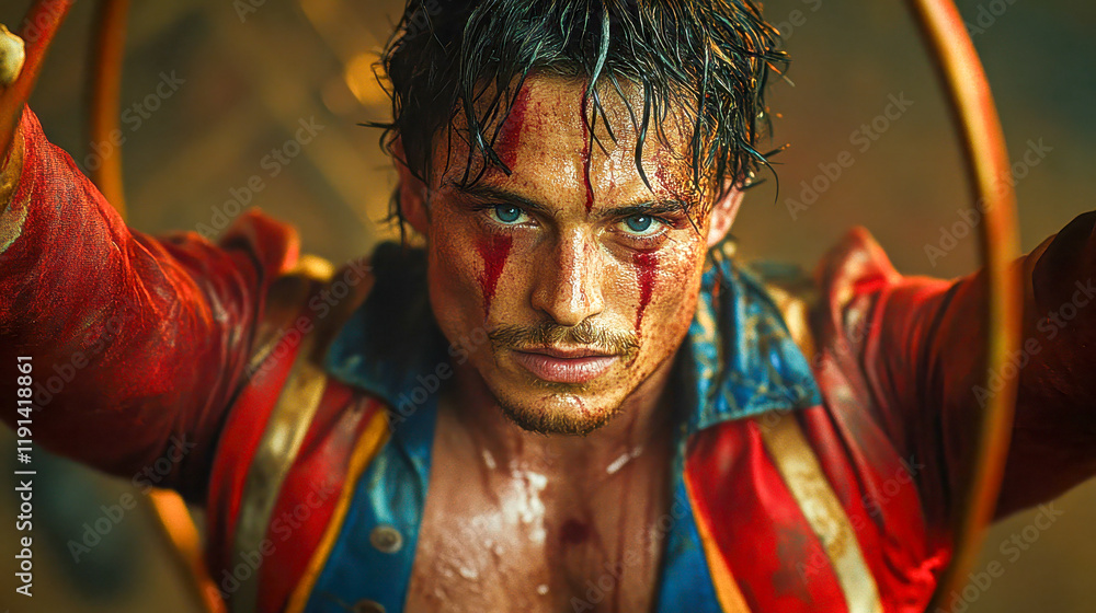 Obraz premium Close-up of a circus performer with intense gaze, red face paint, and a vibrant costume holding hoops. Captivating expression and dramatic lighting enhance the scene