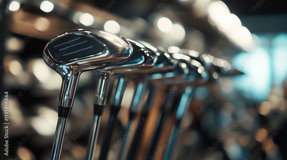 Close-up of shiny golf club heads lined up in a row, captured with reflective surfaces, emphasizing premium golf equipment and professional sports photography.