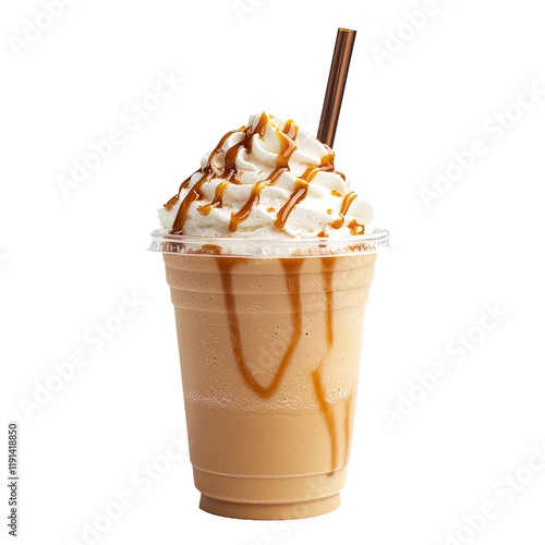 Caramel frappuccino smoothie with whipped cream and isolated on white or transparent background