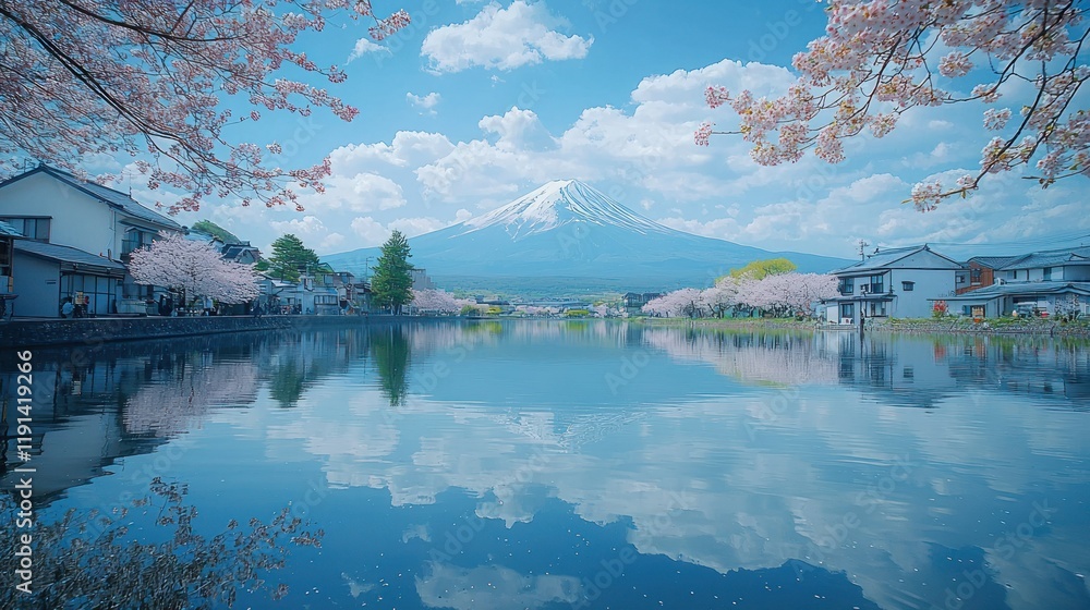 Fototapeta premium Mount Fuji's Serene Reflection in Spring