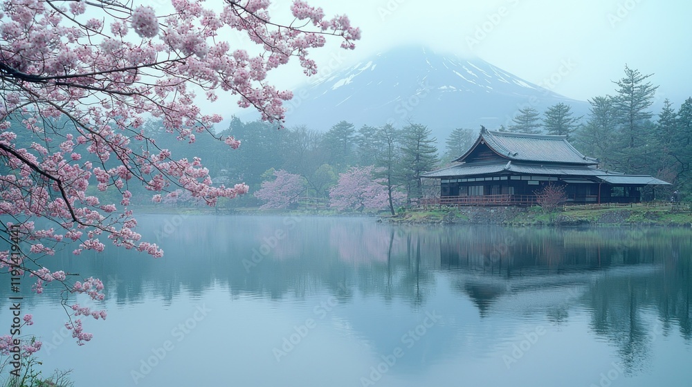 Fototapeta premium Serene Japanese Landscape: Misty Mount Fuji, Cherry Blossoms, and Tranquil Lake