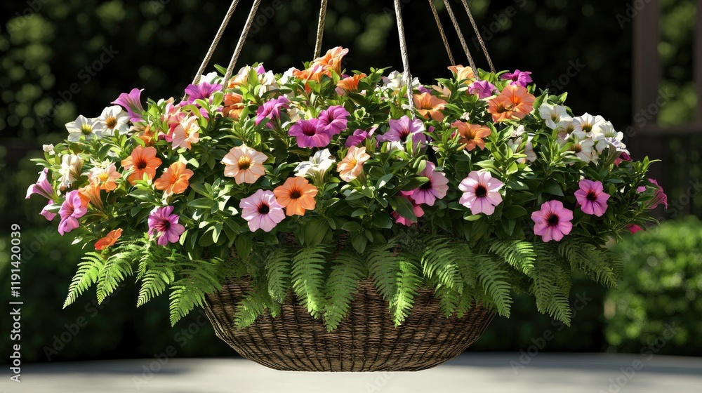 Fototapeta premium Vibrant Hanging Flower Basket in a Sunlit Garden