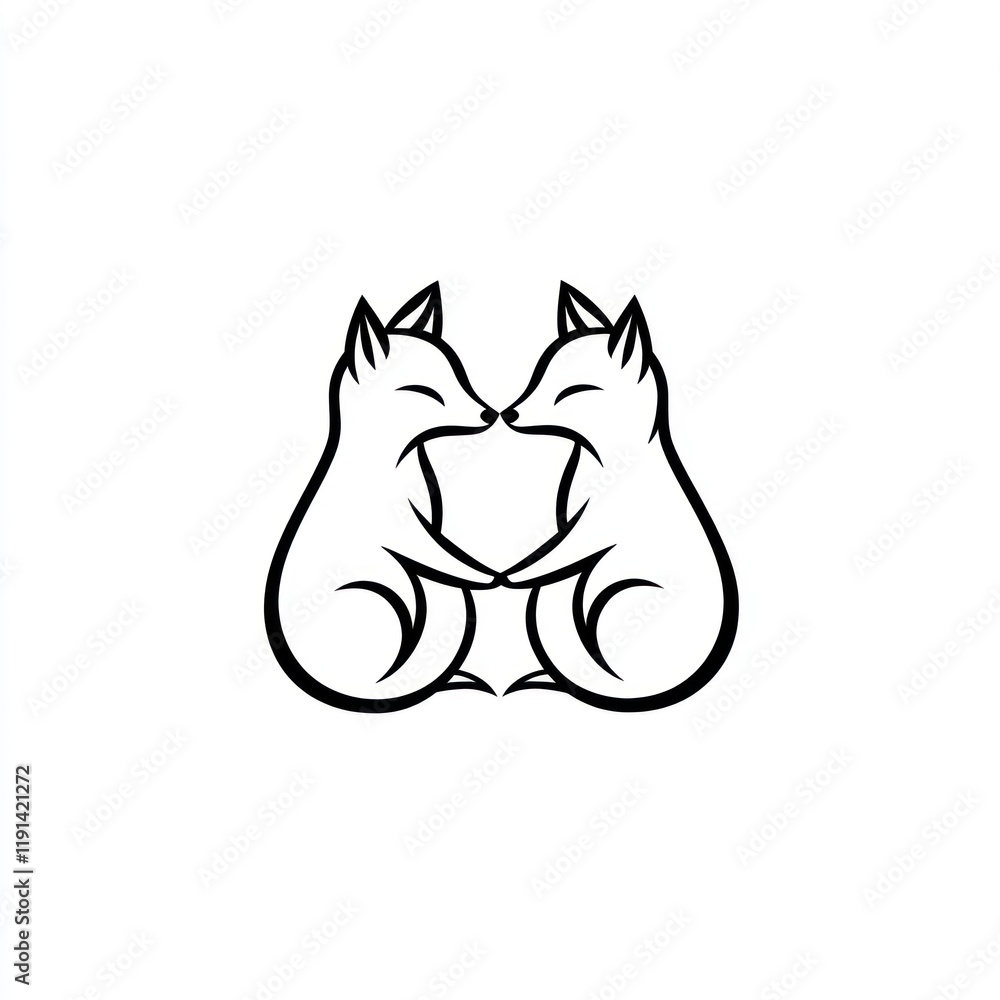 Two foxes cuddling, white background, simple line art, logo design Two foxes cuddling, white background, simple line art, logo design