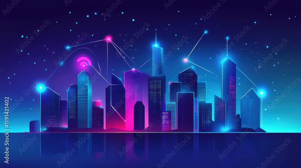 Fototapeta premium 5G smart city night skyline with digital connections and neon lights