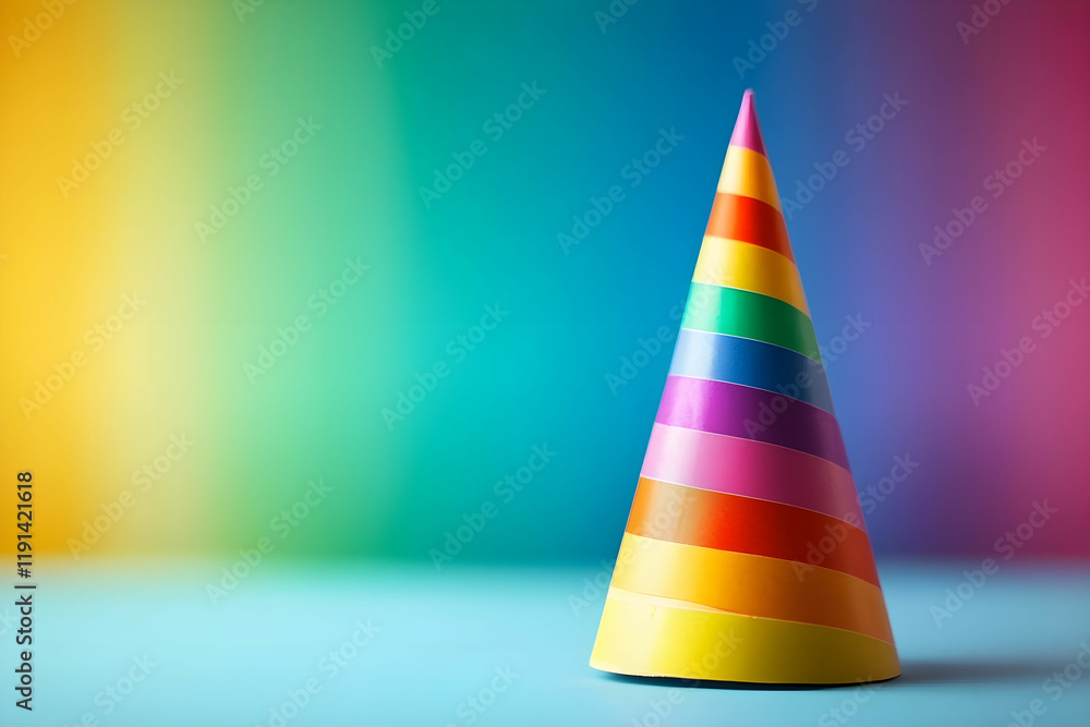 Colorful Party Hat on a Vibrant Rainbow Background for Celebration Theme Colorful Party Hat on a Vibrant Rainbow Background for Celebration Theme