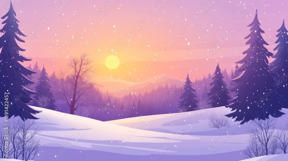 Snowy sunset landscape, winter forest, hills, snowfall, peaceful nature scene, holiday card Snowy sunset landscape, winter forest, hills, snowfall, peaceful nature scene, holiday card
